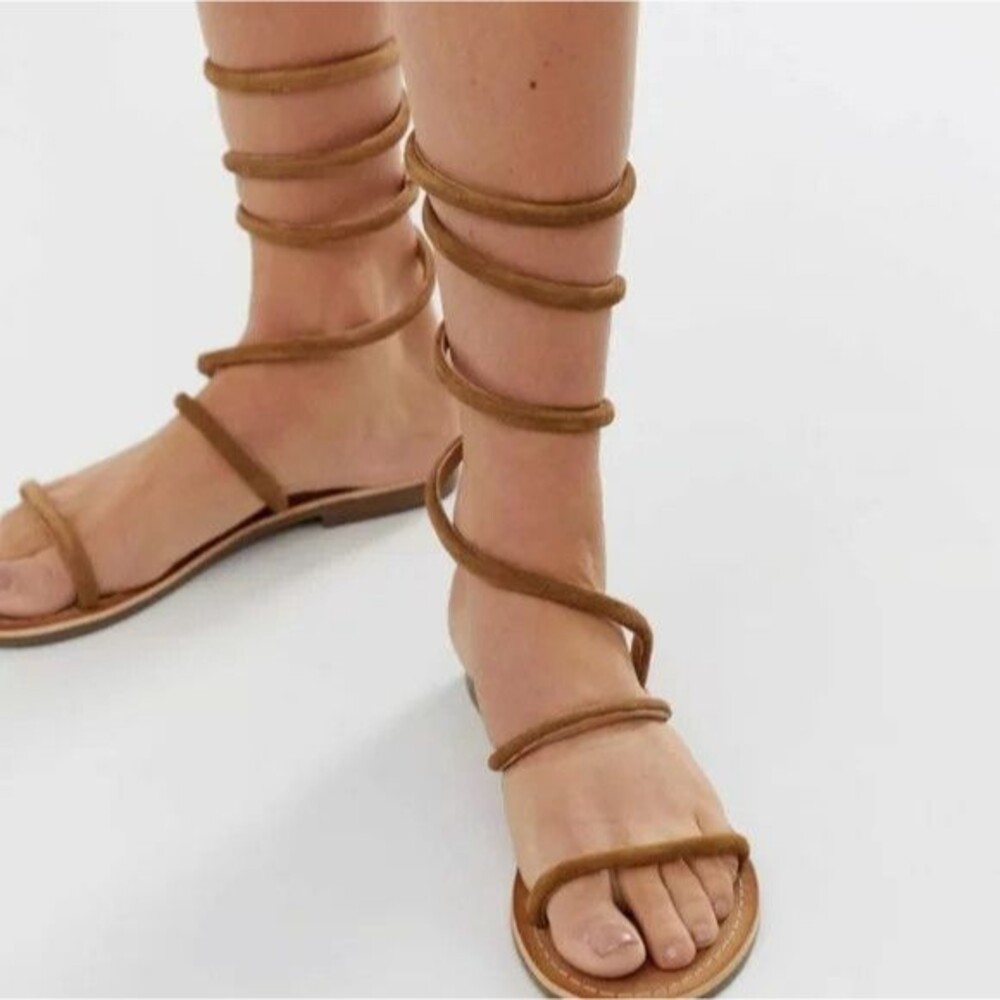 Free People Havana Gladiator Flat Sandals Brown Suede Ankle Wrap Strap Size 38